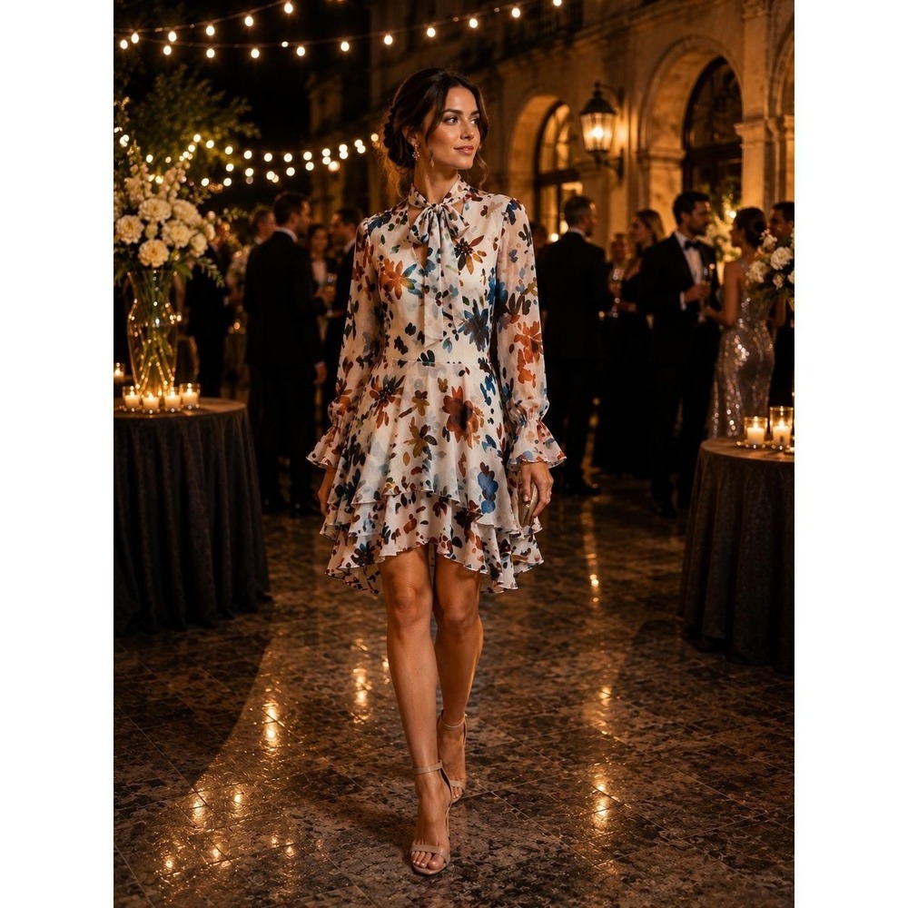 Alice + Olivia Floral Burnout Velvet Tie Neck Ruffle Mini Dress Cream Small
